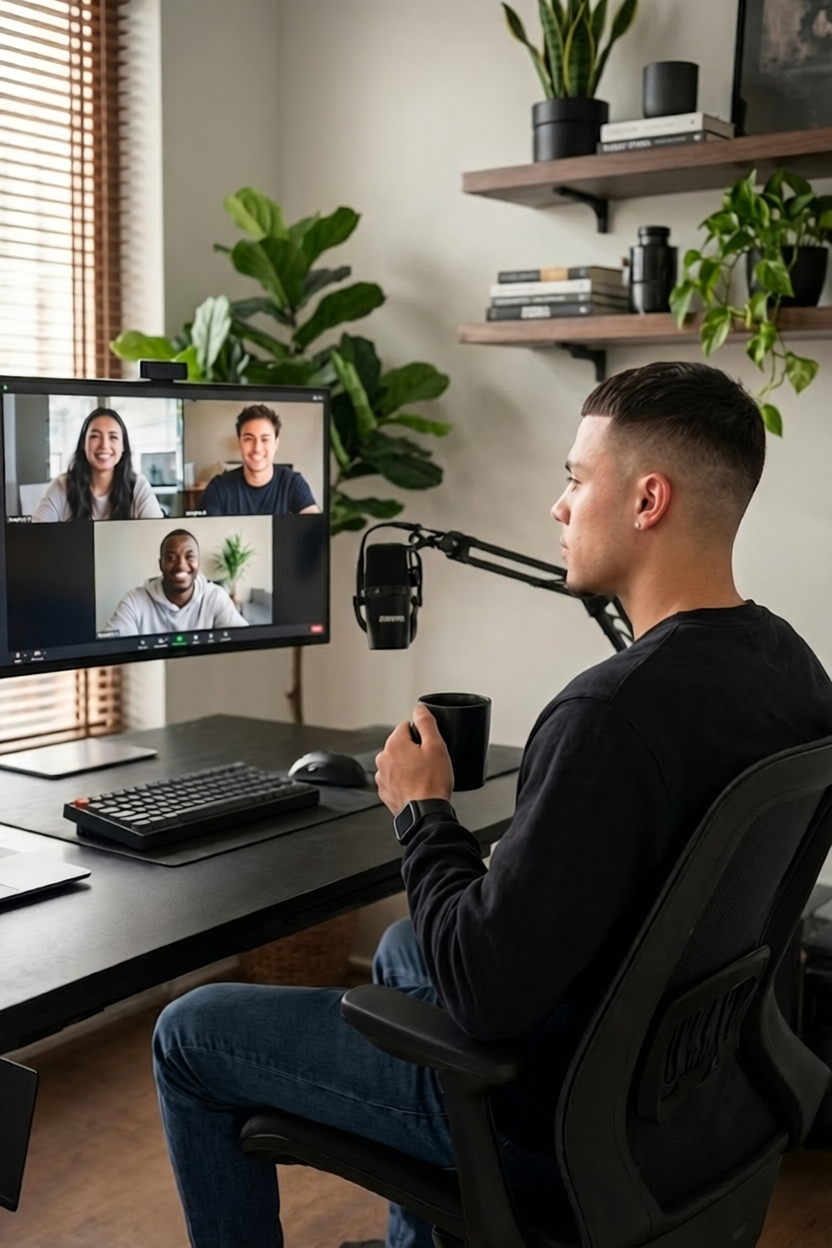 Alex at his desk on a video call