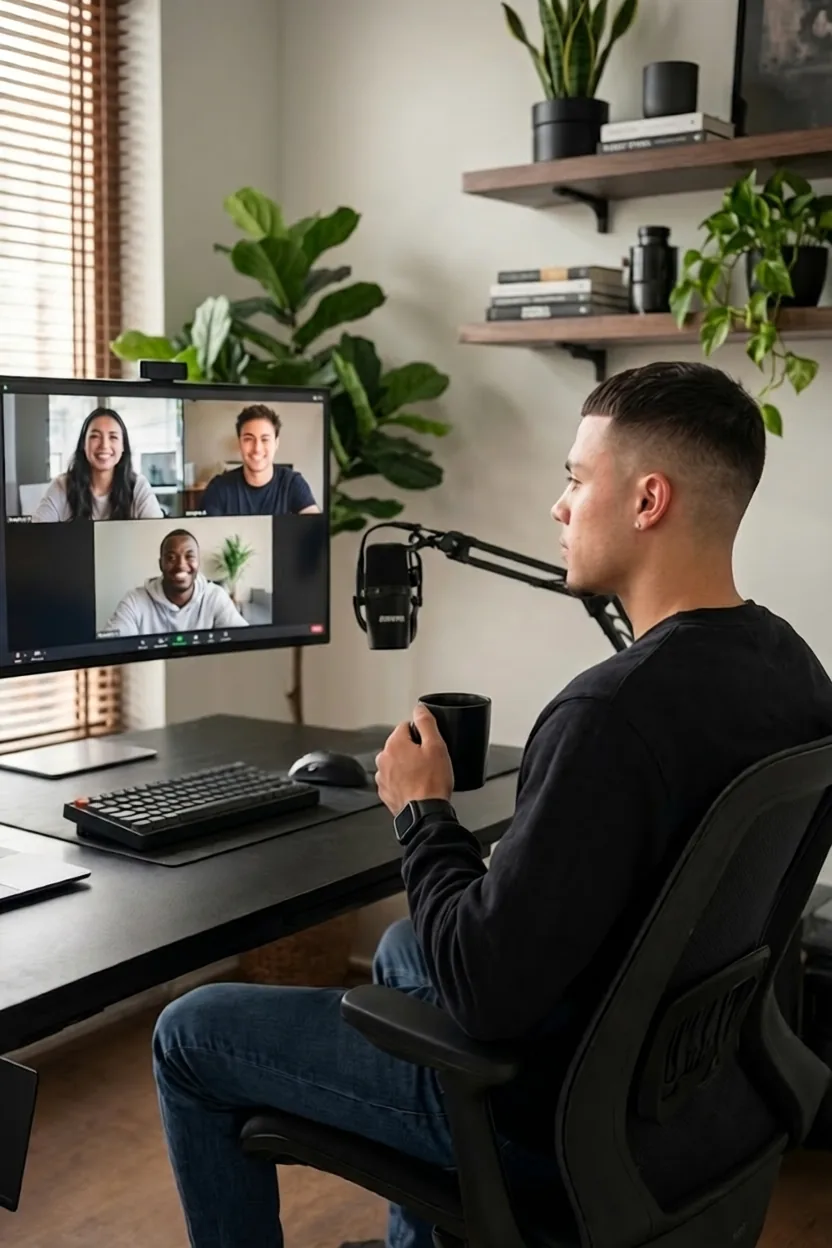 Alex at his desk on a video call